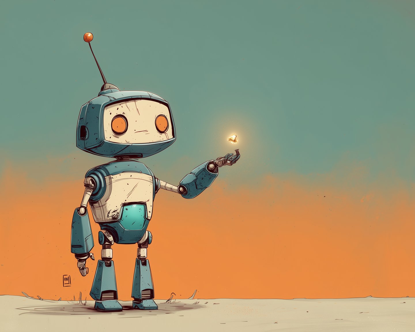 The robot handing off a glowing key — letting go of a function.