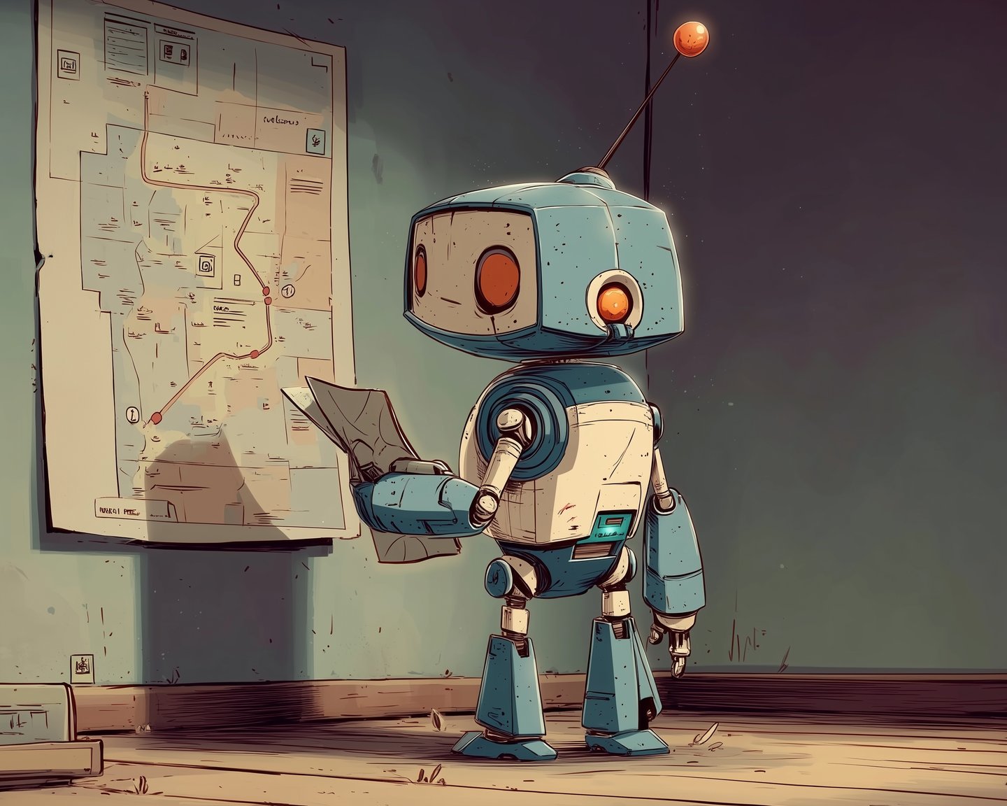 The robot studies a hand-drawn map on the wall, one route traced in teal , re-reading the route.